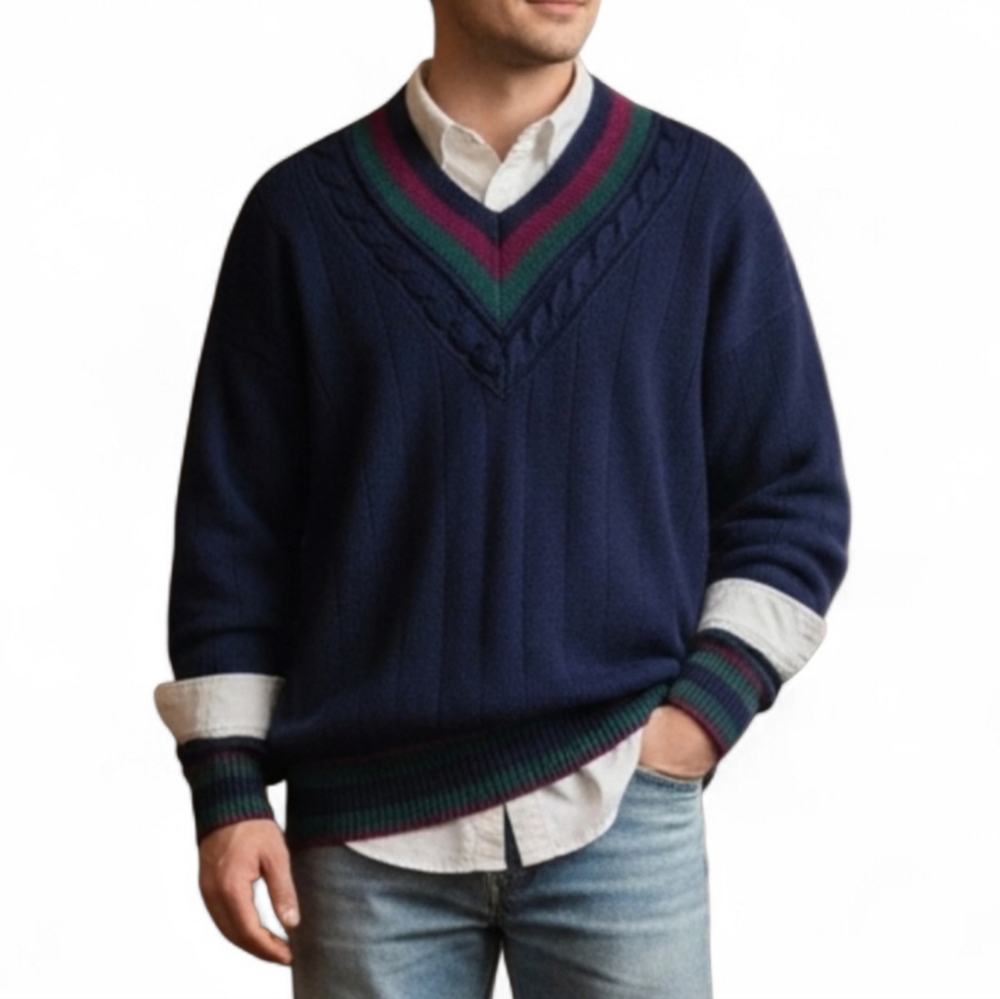 VTG Sears Roebuck & Co. Navy Cricket Sweater V-Neck Cable Knit Oversized